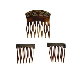 Vintage Tortoise Shell Hair Comb Set 3pc 1 France Gold Etched & 2 Bermuda Silver